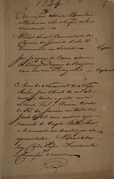 Processo original datado de 30 de junho de 1834, redigido por Brás Martins Costa Passos, secretário da Comissão Mista brasileira e inglesa sobre o tráfico de escravizados. Refere-se ao apresamento da escuna de bandeira portuguesa “Duquesa de Bragança”, interceptada pela corveta britânica “Satellite”, sob o comando e responsabilidade do capitão Robert Smart. A embarcação portuguesa é representada pelo mestre José Joaquim de Barroso, que apresenta sua defesa perante os juízes da Comissão. O processo descreve detalhadamente as circunstâncias da captura, os argumentos das partes, bem como as provas reunidas, entre elas depoimentos, inventário da tripulação, manifesto de carga e documentos que indicam indícios da prática do tráfico de escravizados. Contém anexos.