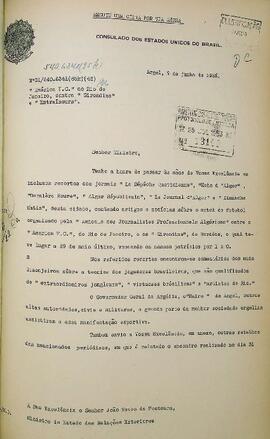 Ofício original enviado por Nicanor de Oliveira (s.d.), Cônsul do Brasil em Argel, a João Neves de Fontoura (1887-1963), Ministro das Relações Exteriores, em 9 de junho de 1953, informando sobre uma partida de futebol entre a equipe brasileira do América F. C e outra argelina, os Girondis, ressaltando a qualidade dos jogadores do Brasil. Não contém anexo.