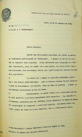 Ofício original enviado por Mario Wright de Miranda Pacheco (s.d.), Cônsul do Brasil em Argel, para Francisco Negrão de Lima (1901-1981), Ministro das Relações Exteriores, em 20 de setembro de 1958, informando sobre a situação político-militar na Argélia, relatando sobre um referendo para a aprovação popular do governo francês, em oposição a FLN (Frente de Libertação Nacional), que constituiu o governo da “Argélia Livre” (Governo da República da Argélia). Não contém anexo