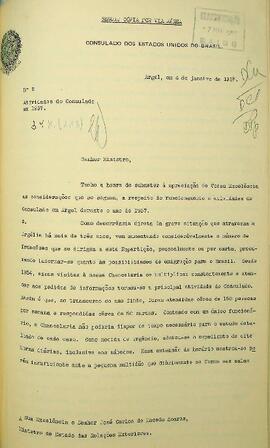 Ofício original enviado por Jair Pires Ferreira (s.d.), Vice-Cônsul Encarregado do Consulado, para José Carlos de Macedo Soares (1883-1968), Ministro das Relações Exteriores, em 04 de janeiro de 1958, encaminhando algumas considerações sobre as atividades do consulado no ano de 1957, informando sobre a crescente procura pela imigração ao Brasil, a divulgação bem sucedida da cultura brasileira na Argélia e as consequências da grave situação política. Não contém anexo.