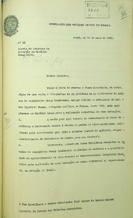 Ofício original enviado por José Barreiros (s.d.), Cônsul do Brasil em Argel, para José Carlos de Macedo Soares (1883-1968), Ministro das Relações Exteriores, em 15 de maio de 1956, informando e encaminhando a carta do engenheiro Serge Bondarenko, antigo oficial de artilharia da Marinha Imperial Russa, sobre o seu interesse de conceder suas invenções para a exploração industrial brasileira, denota-se um protótipo de um turbo-motor. Anexo em francês.
