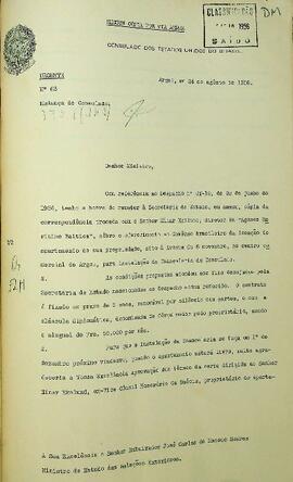 Ofício original enviado por José Barreiros (s.d.), Cônsul do Brasil em Argel, para José Carlos de Macedo Soares (1883-1968), Ministro das Relações Exteriores, em 24 de agosto de 1956, informando sobre a mudança de locação do consulado, solicitando auxilio para arcar com os custos da realocação.  Anexo em francês