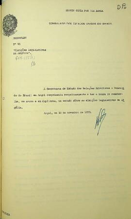 Ofício original enviado por Mario Wright de Miranda Pacheco (s.d.), Cônsul do Brasil em Argel, para Francisco Negrão de Lima (1901-1981), Ministro das Relações Exteriores, em 10 de novembro de 1958, informando sobre a situação do poder legislativo na Argélia, durante o período de crise política.