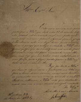 Ofício enviado por Jorge Antônio von Schaeffer (1779-1836), com data de 23 de setembro de 1825, e...