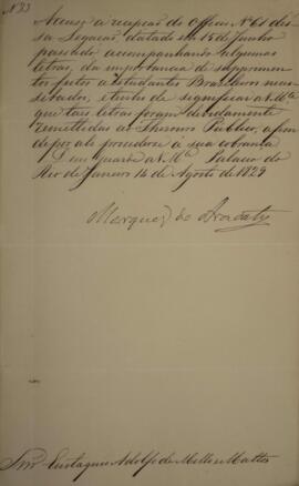 Cópia de despacho n.33 enviado por João Carlos Augusto de Oyenhausen-Gravenburg (1776-1838), Marq...