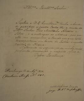 Ofício de autoria de Jorge Antônio von Schaeffer (1779-1836), com data de 16 de agosto de 1826, s...