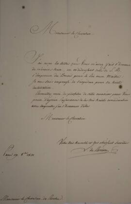 Nota diplomática original enviada por A. de Bavière (s. d.), para Sr. da Rocha (s. d.), com data ...