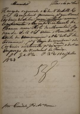 Minuta de portaria, com a data de 18 de julho de 1829, discorrendo sobre a permanência de Manoel ...