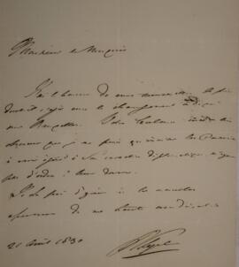 Nota diplomática original, com data de 21 de abril de 1830, discorrendo sobre a autorização de um...