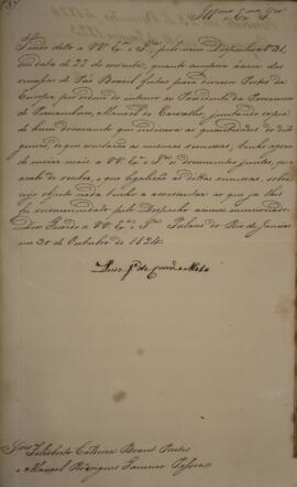 Cópia de despacho enviado por Luís José de Carvalho e Mello (1764-1826), para Felisberto Caldeira...