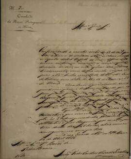 Nota diplomática original enviada por Joaquim Pedro Cardoso Casado Giraldes (1780-1845) para Domi...