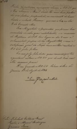 Cópia de despacho enviado por Luís José de Carvalho Melo (1764-1826), para Felisberto Caldeira Br...