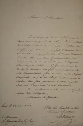 Nota diplomática original enviada para o Sr. da Cunha, com data de 22 de novembro de 1828, transm...