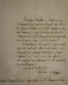 Nota diplomática original enviada pelo Barão de Pfeffel (s. d.), para o Sr. Almeida, Encarregado ...