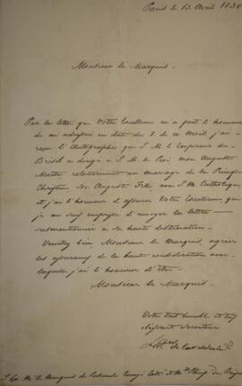 Nota diplomática original enviada para Antônio Telles da Silva Caminha e Meneses (1790-1875), Mar...