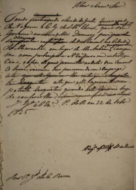 Minuta de portaria enviada para P. J. da C. Barros (s.d.), com data de 22 de dezembro de 1825, di...