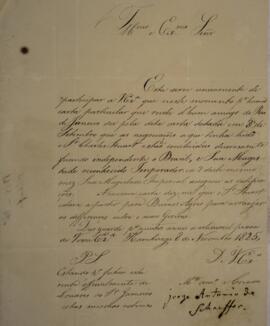 Ofício escrito por Jorge Antônio von Schaeffer (1779-1836), com data de 8 de novembro de 1825, pa...