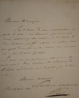 Nota diplomática original, com data de 19 de abril de 1830, tratando sobre o encaminhamento de um...