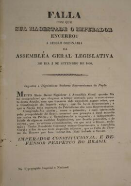 Cópia de panfleto com o discurso do Imperador D. Pedro I (1798-1834), em 03 de setembro de 1830, ...