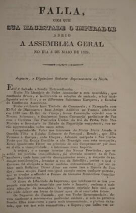 Cópia de panfleto com o discurso do Imperador D. Pedro I (1798-1834 em 03 de maio de 1829, na abe...