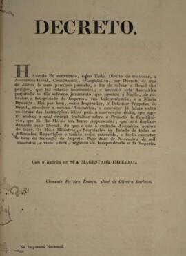 Cópia de decreto rubricado pelo Imperador D. Pedro I (1798-1834), em 12 de novembro de 1823, esta...