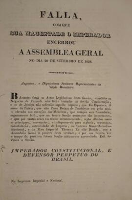 Cópia de panfleto com o discurso do Imperador D. Pedro I (1798-1834), em 20 de setembro de 1828, ...