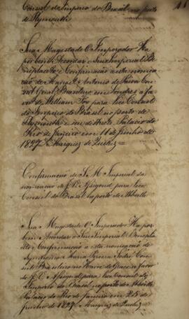 Carta patente com data de 25 de junho de 1827 pela qual se confirma a nomeação de J. V. Assigoud ...