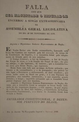 Cópia de panfleto com o discurso do Imperador D. Pedro I (1798-1834), em 30 de novembro de 1830, ...