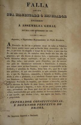 Cópia de panfleto contendo o discurso do  Imperador D. Pedro I (1798-1834) no encerramento da Ass...