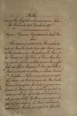 Cópia de discurso do Imperador D. Pedro I (1798-1834), em 16 de novembro de 1827, no encerramento...