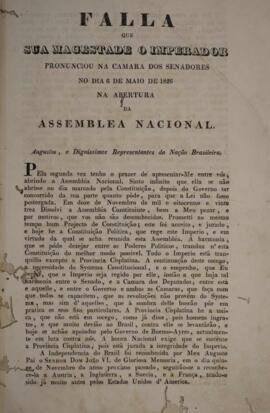 Cópia de panfleto contendo o discurso do  Imperador D. Pedro I (1798-1834), em 06 de maio de 1826...