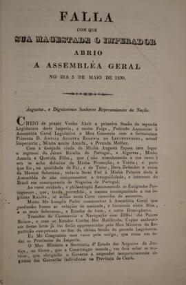 Cópia de panfleto com o discurso do Imperador D. Pedro I (1798-1834   em 03 de maio de 1830, na a...