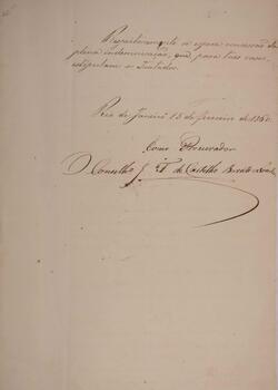 Comunicado datado de 15 de fevereiro de 1860 pelo qual o procurador J.F. de Castilho Barreto Noronha expressa sua expectativa pela concessão de indenização prevista em tratados