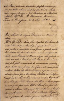 Cópia de nota diplomática enviada por José Bonifácio de Andrada e Silva (1763-1838) para Bernardi...