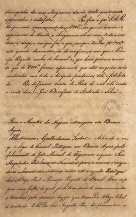 Cópia de nota diplomática enviada por José Bonifácio de Andrada e Silva (1763-1838) para Bernardi...