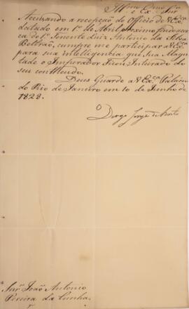 Cópia de despacho enviado por Diogo Jorge de Brito (1785-1830) para João Antônio Pereira da Cunha...