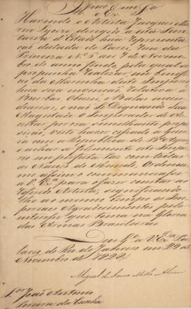 Cópia de despacho enviado por Miguel de Sousa Melo e Alvim (1784-1855) para João Antônio Pereira ...