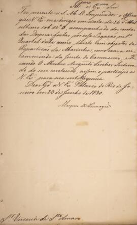 Cópia de despacho enviado por Francisco Vilela Barbosa (1769-1846), Marquês de Paranaguá, para Jo...