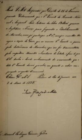 Cópia de ofício enviado por Luis José de Carvalho Melo (1764-1826), Visconde da Cachoeira, para M...