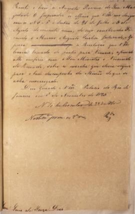 Despacho original enviado para Luiz de Souza Dias (s.d), com data de 08 de novembro de 1825, disc...