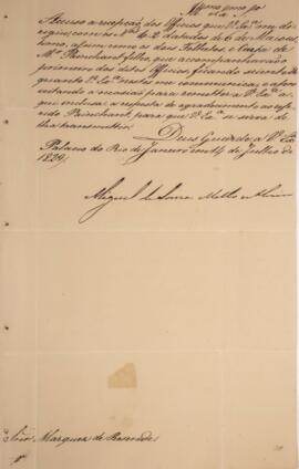 Cópia de despacho enviado por Miguel de Sousa Melo e Alvim (1784-1855) para Antônio Telles da Sil...