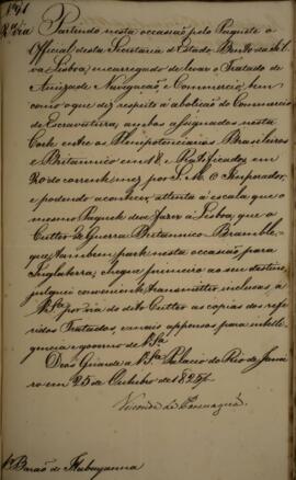 Cópia de ofício enviado por Francisco Vilela Barbosa (1769-1846), Visconde de Paranaguá, para Man...