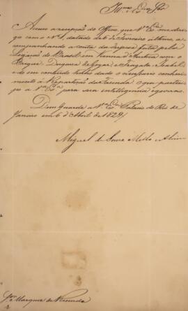 Cópia de despacho enviado por Miguel de Sousa Melo e Alvim (1784-1855)  para Antônio Telles da Si...