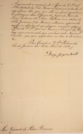 Cópia de despacho enviado por Diogo Jorge de Brito (1785-1830) para Domingos Borges de Barros (17...