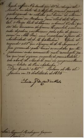 Cópia de ofício enviado por Luis José de Carvalho Melo (1764-1826), Visconde da Cachoeira, para M...
