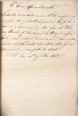 Despacho original enviado para Pedro Afonso de Carvalho, com data de 01 de julho de 1830, discorr...