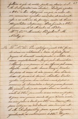 Cópia de ofício enviado por José Matheus Nicolay, com data de 24 de novembro de 1830, discorrendo...