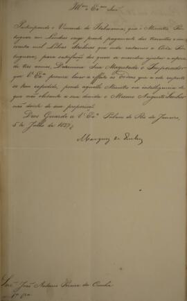 Cópia de despacho enviado por João Severiano Maciel da Costa (1769-1833), Marquês de Queluz, para...