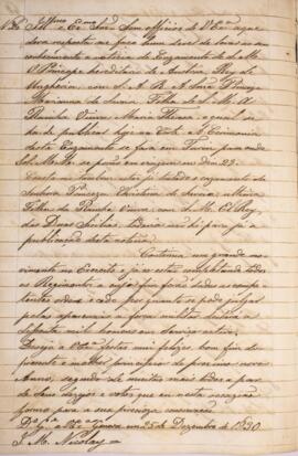 Cópia de ofício enviado por José Matheus Nicolay, com data de 25 de dezembro de 1830, informando ...