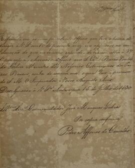 Cópia de ofício enviado por Pedro Affonso de Carvalho (s.d.), para José Marques Lisboa (1807-1897...